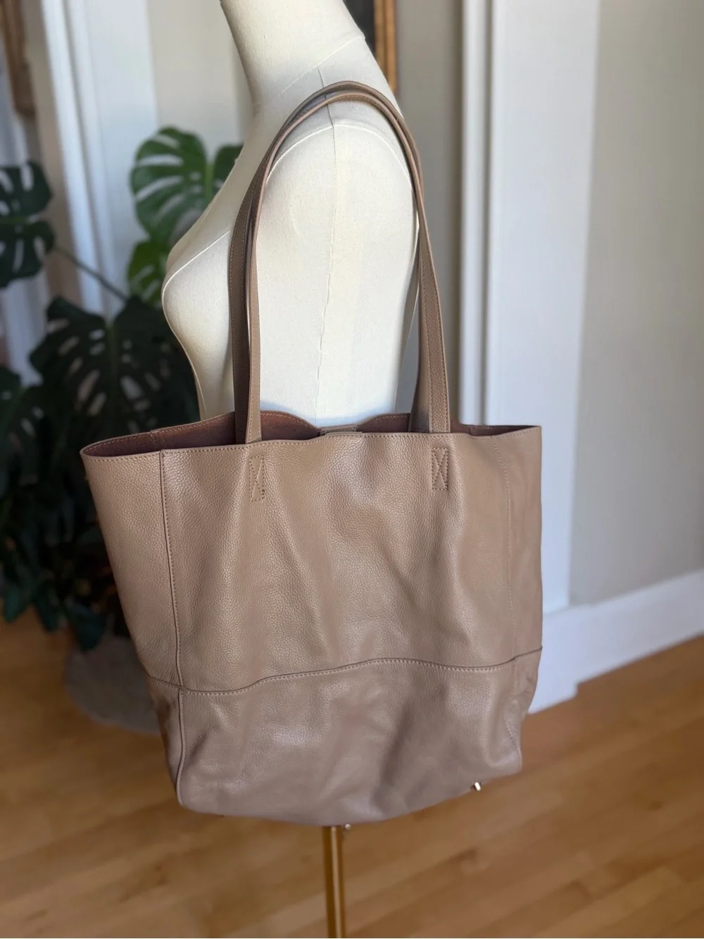Saks Fifth Avenue Taupe Genuine Leather Oversized Tote Bag